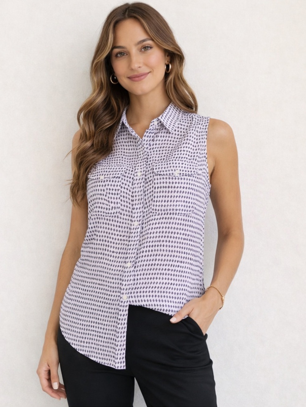 Talbots Petite Sleeveless Blouse White Black Lavender Diamond MP Minimalist